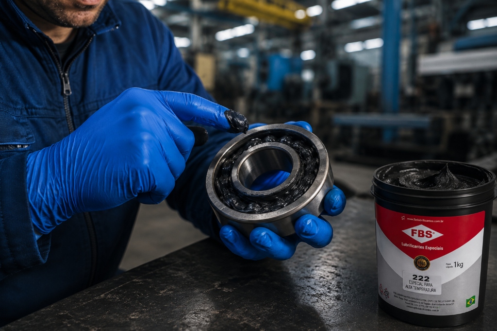 Aplicação prática da Graxa FBS 222 em rolamento industrial durante manutenção em ambiente fabril